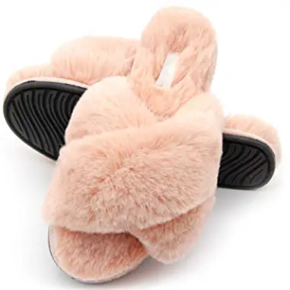 Pink Faux Fur Cross-Band Slippers Cushioned Non-Slip Indoor/Outdoor Slippers